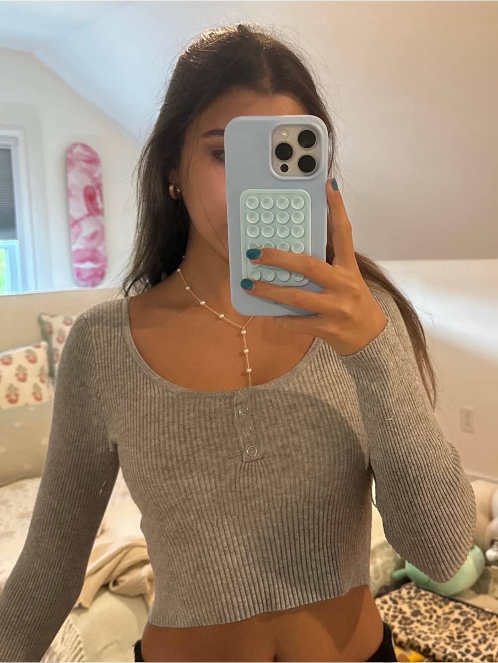 Kendall & Kylie Gray Ribbed Long Sleeve Crop Top